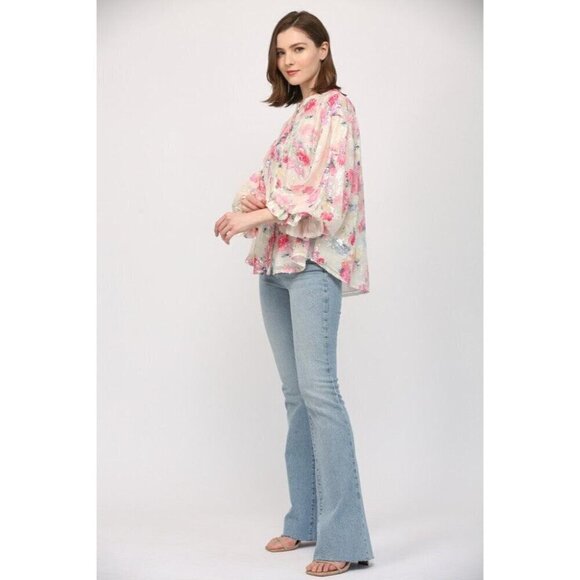 Floral Sequin Bubble Sleeve Blouse - Picture 3 of 12